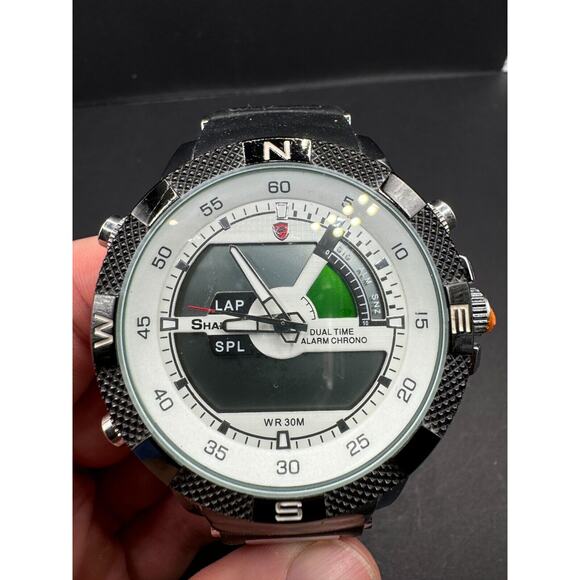 Shark Dual Time Digital Quartz Date Alarm Sports Wrist Watch WR 30M White Dial - Picture 1 of 8